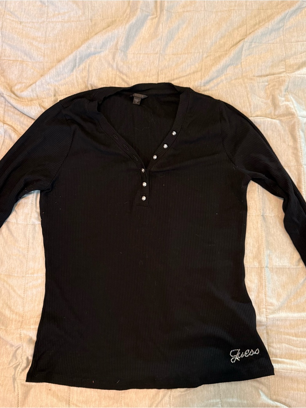 Guess Black Ribbed Long Sleeve Henley with Stud Accents